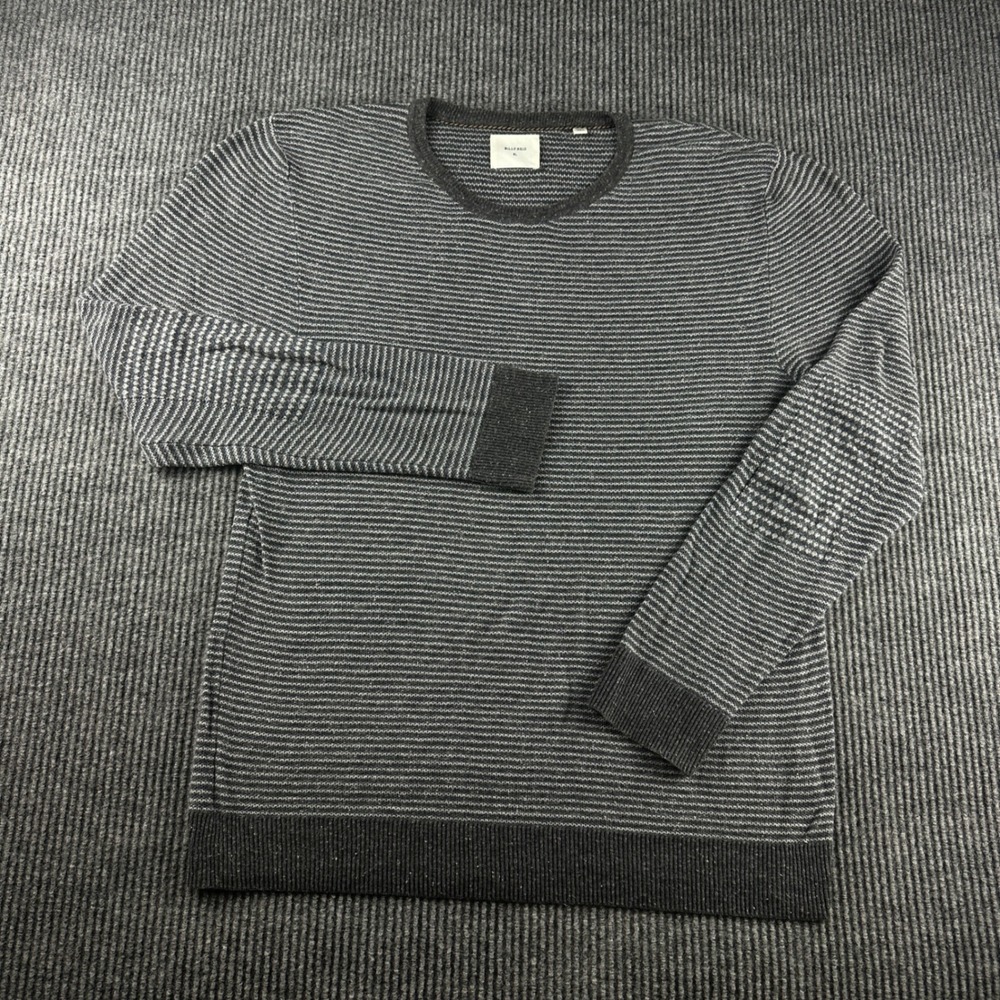 Billy Reid Mens XL Grey Striped Recycled Cotton Crewneck Sweater Elbow Patches